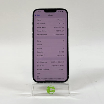 Broken Unlocked Apple iPhone 14 Plus 256GB 18.1.1 MQ3X3LL/A READ