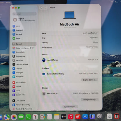 2025 Apple MacBook Air 13.6" M4 8C GPU 4.5GHz 16GB RAM 256GB SSD A3240
