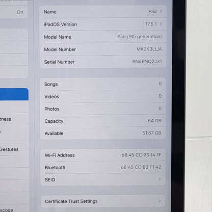 WiFi Only Apple iPad 9th Gen 64GB Space Gray MK2K3LL/A