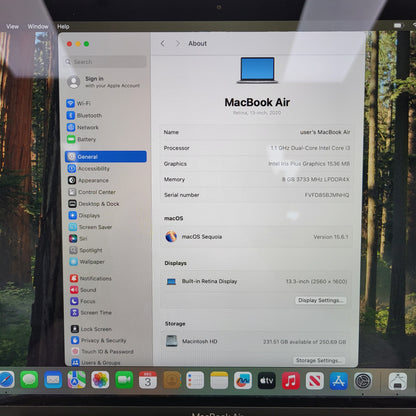 2020 Apple MacBook Air 13.3" i3 1.1GHz 8GB RAM 256GB SSD Silver A2179