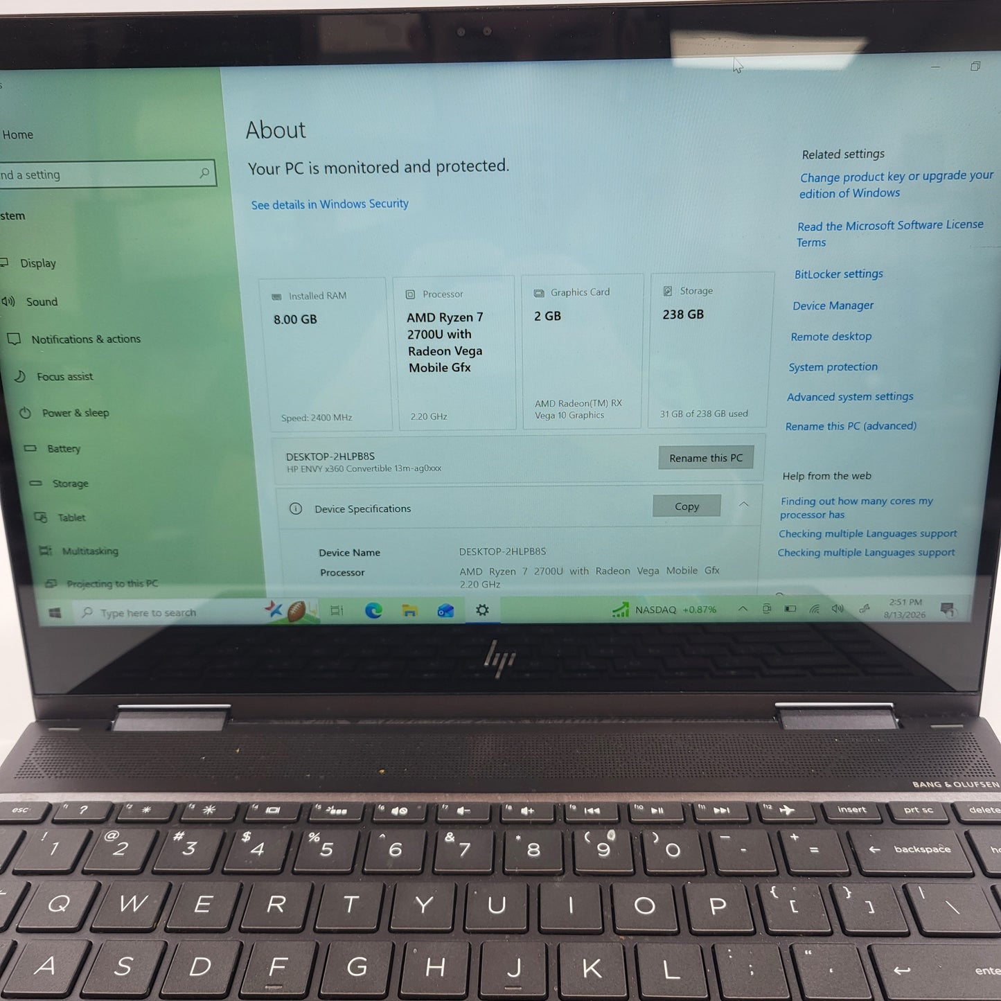 HP Envy x360 13m-ag0001dx 13.3" Ryzen 7 2700U 2.0GHz 8GB RAM 250GB SSD