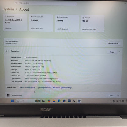 Acer Aspire Go 15 AG15-32P 15.6" Core 3 N355 1.9GHz 8GB RAM 128GB SSD