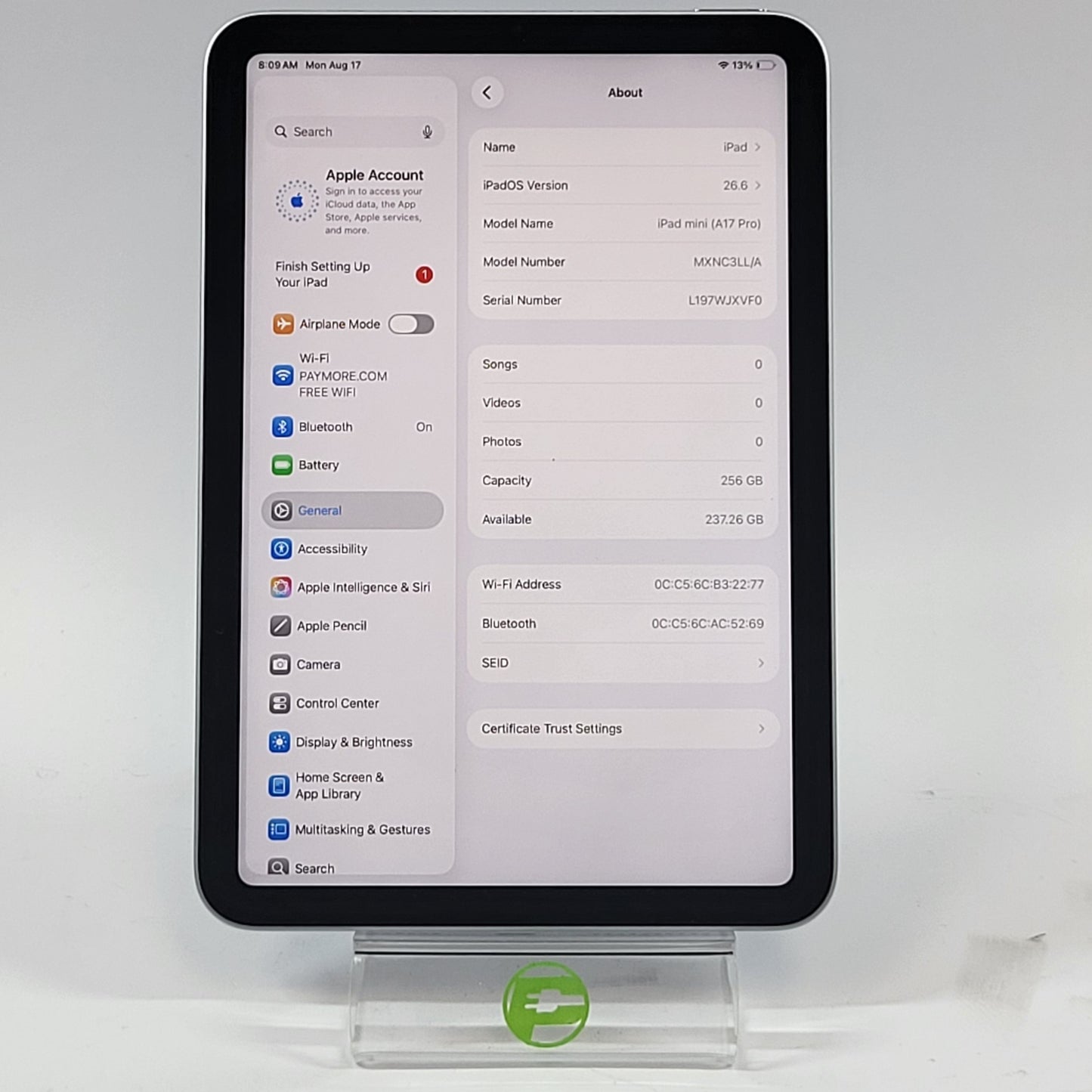 WiFi Only Apple iPad Mini (A17 Pro) 256GB Blue MXNC3LL/A