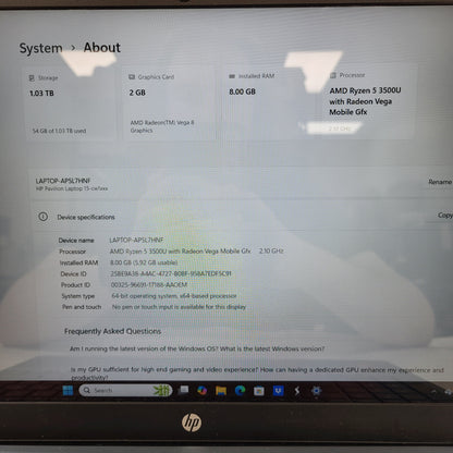 HP Pavilion 15-cw1063wm 15.6" Ryzen 5 3500U 2.1GHz 8GB RAM 1TB SSD Radeon Vega 8