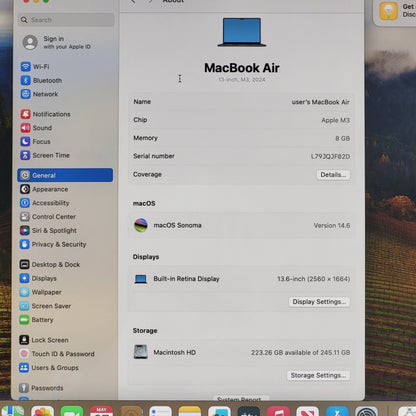 2024 Apple MacBook Air 13.6" M3 8C GPU 4.0GHz 8GB RAM 256GB SSD A3113
