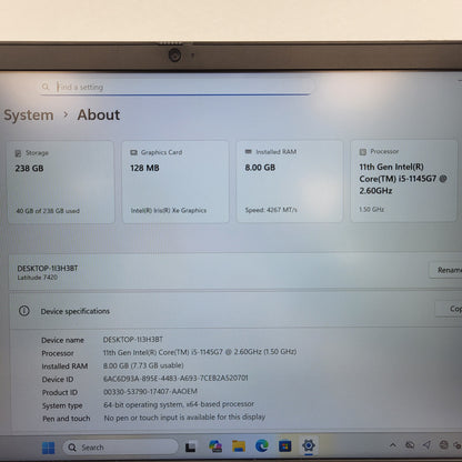 Dell Latitude 7420 14" i5-1145G7 2.6GHz 8GB RAM 256GB SSD