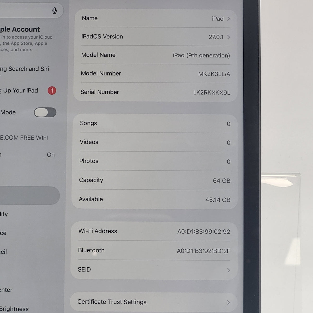 WiFi Only Apple iPad 9th Gen 64GB Space Gray MK2K3LL/A