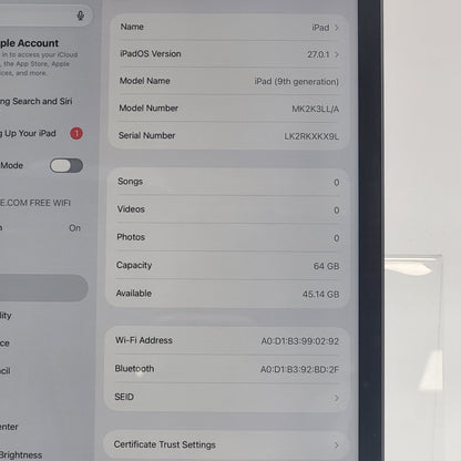 WiFi Only Apple iPad 9th Gen 64GB Space Gray MK2K3LL/A