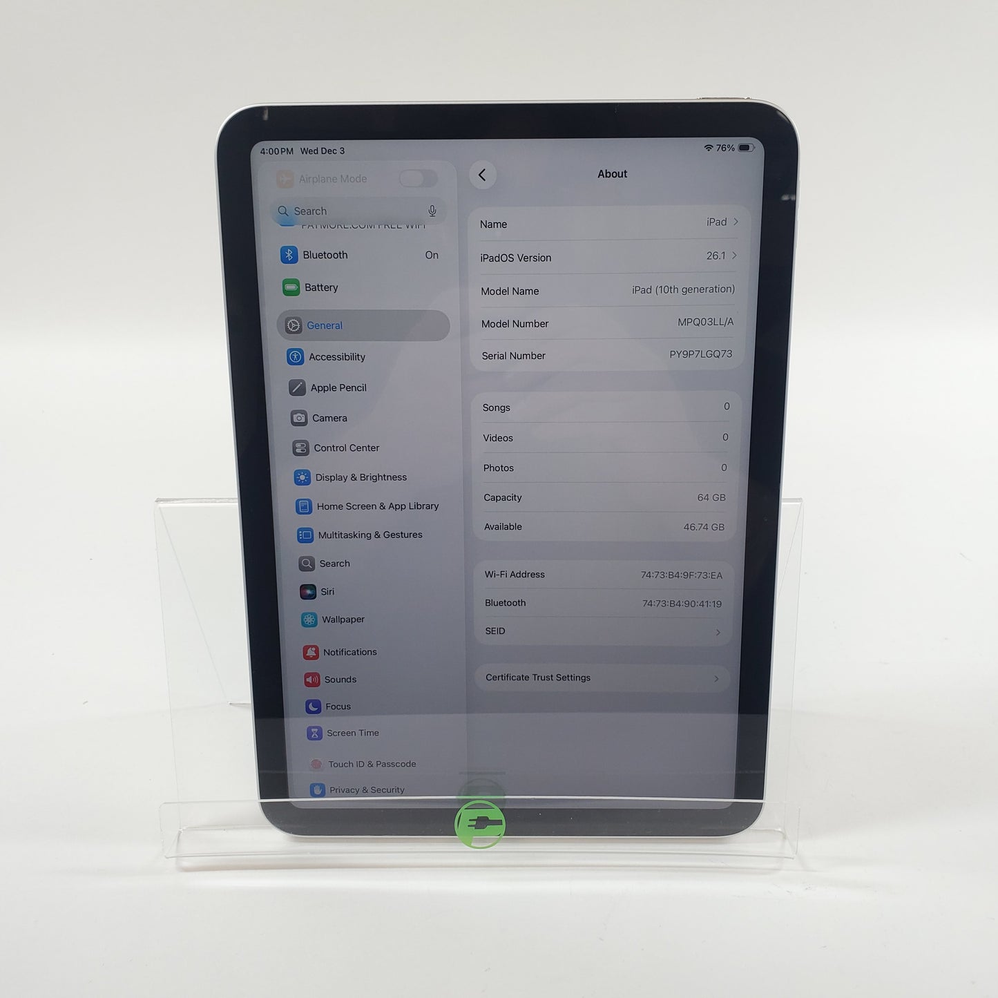 WiFi Only Apple iPad 10th Gen 64GB Silver A2696