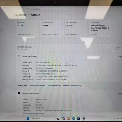 Microsoft Surface Laptop 4 1950 13.5" i5-1135G7 2.4GHz 16GB RAM 512GB SSD