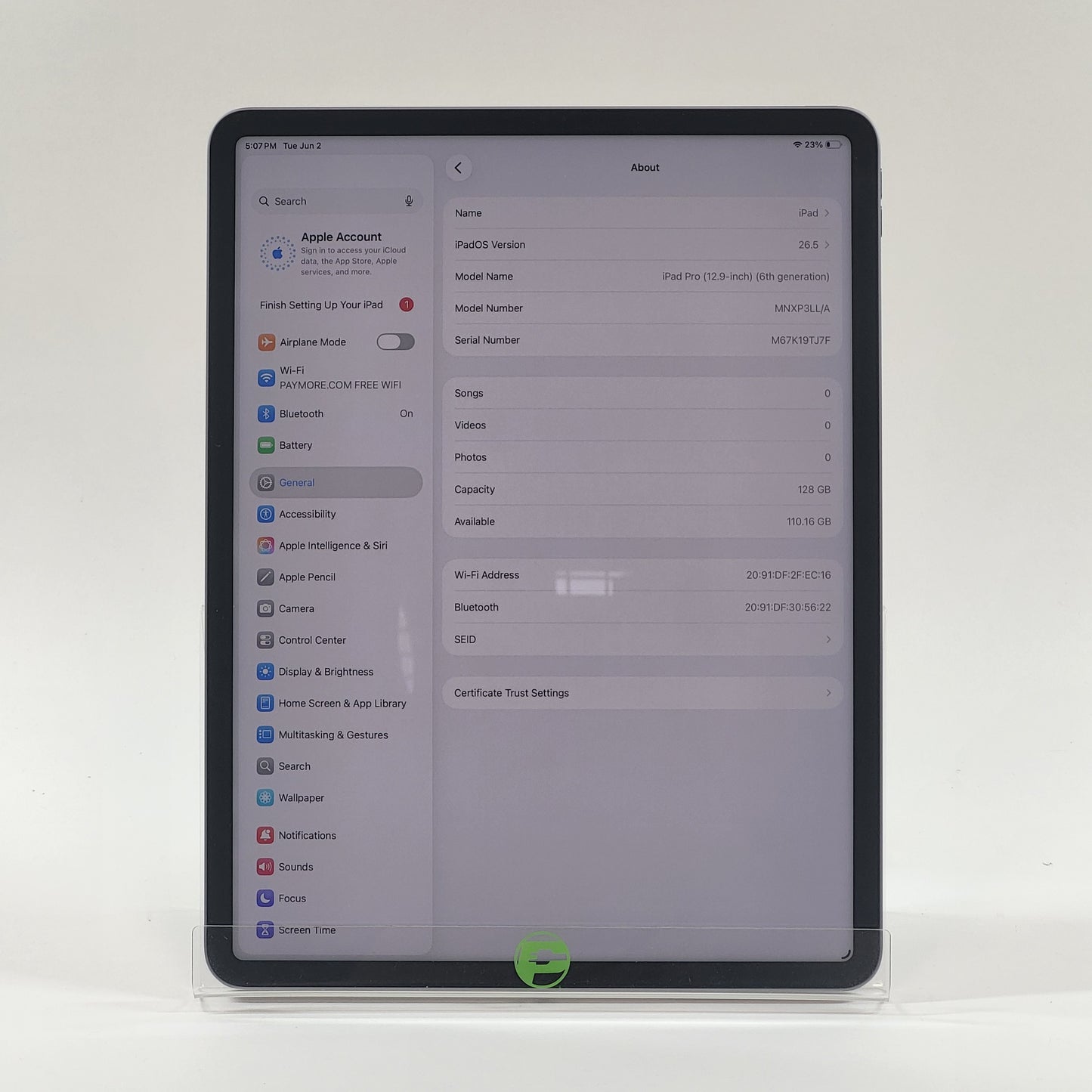 WiFi Only Apple iPad Pro 12.9" 6th Gen 128GB Silver MNXP3LL/A