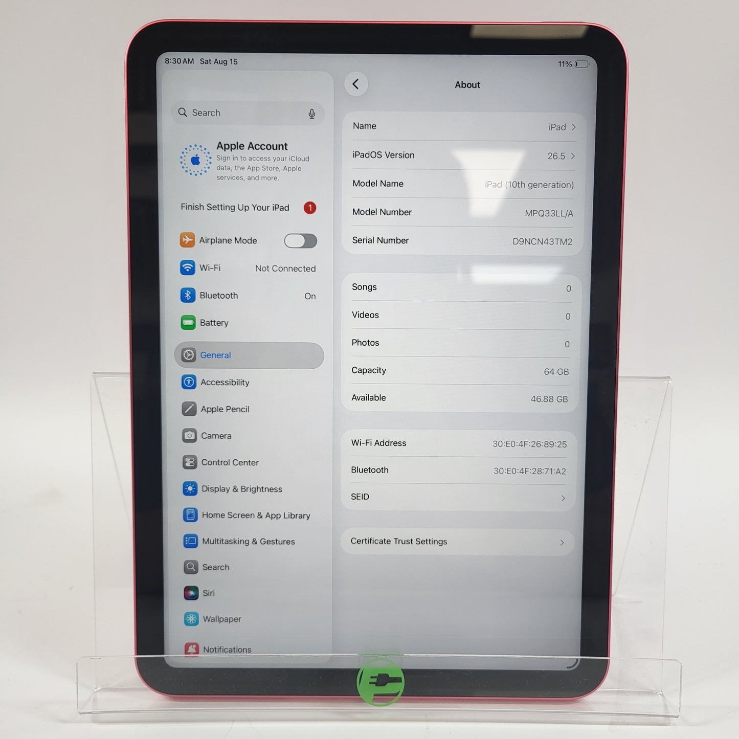 WiFi Only Apple iPad 10th Gen 64GB Pink MPQ33LL/A