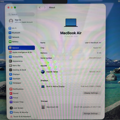 2023 Apple MacBook Air 13.6" M3 4.0GHz 8GB RAM 256GB SSD MRXV3LL/A