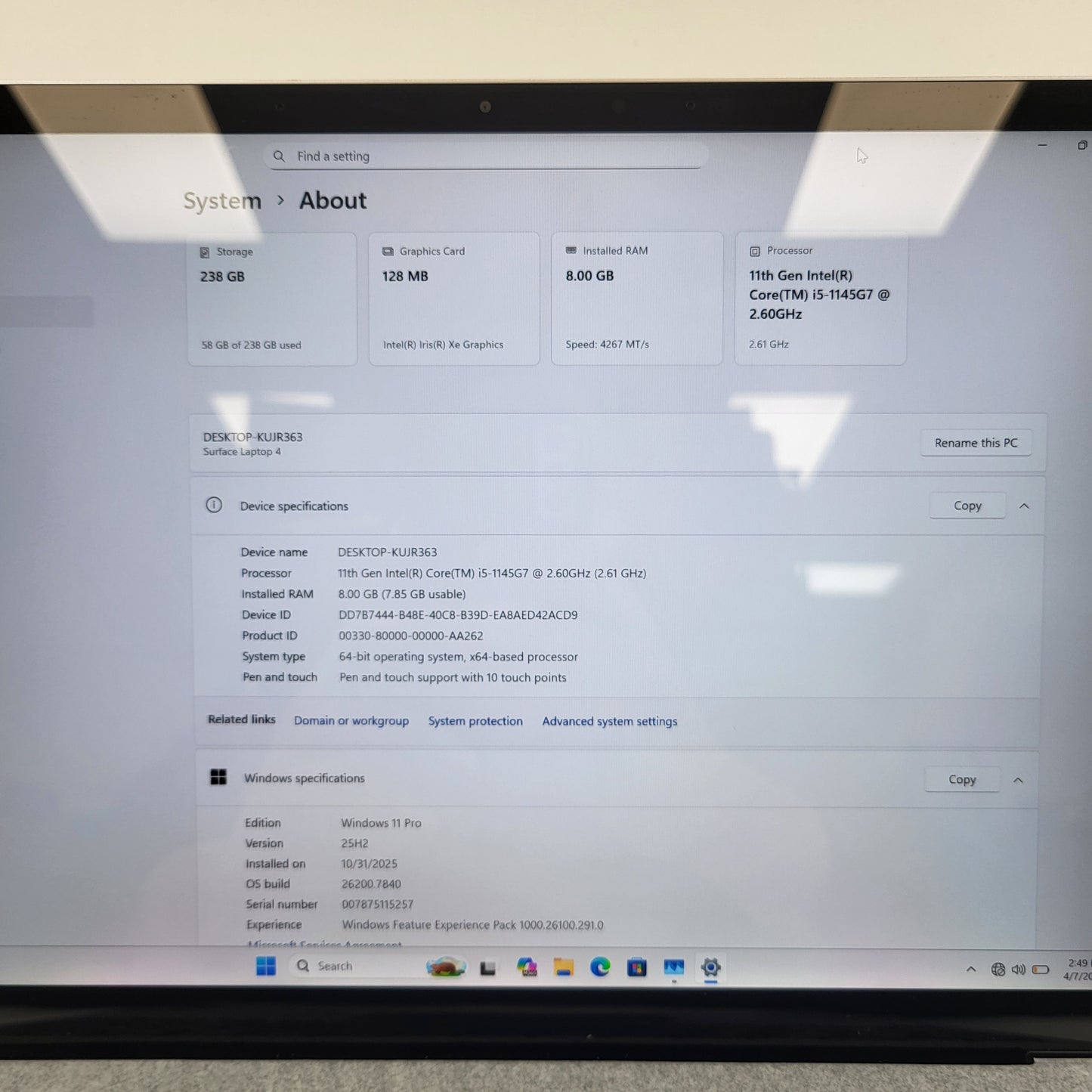 Microsoft Surface Laptop 4 1950 i5-1145G7 2.6GHz 8GB RAM 256GB SSD READ