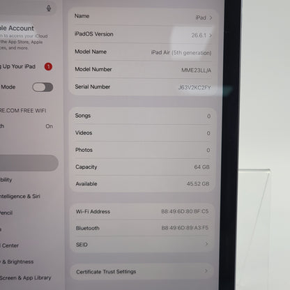 WiFi Only Apple iPad Air 5th Gen 64GB Purple MME23LL/A