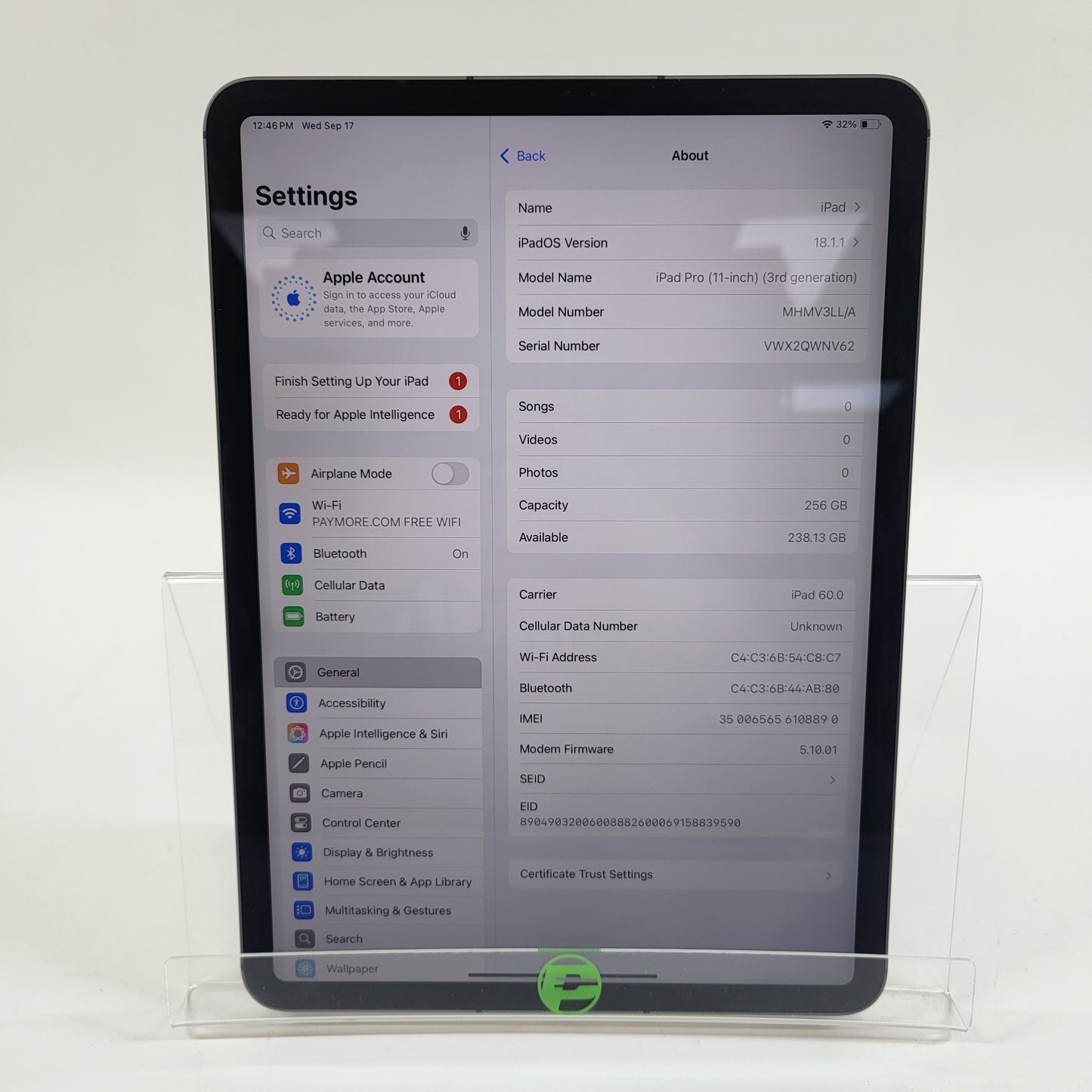 Factory Unlocked Apple iPad Pro 11" 3rd Gen 256GB Space Gray MHMV3LL/A