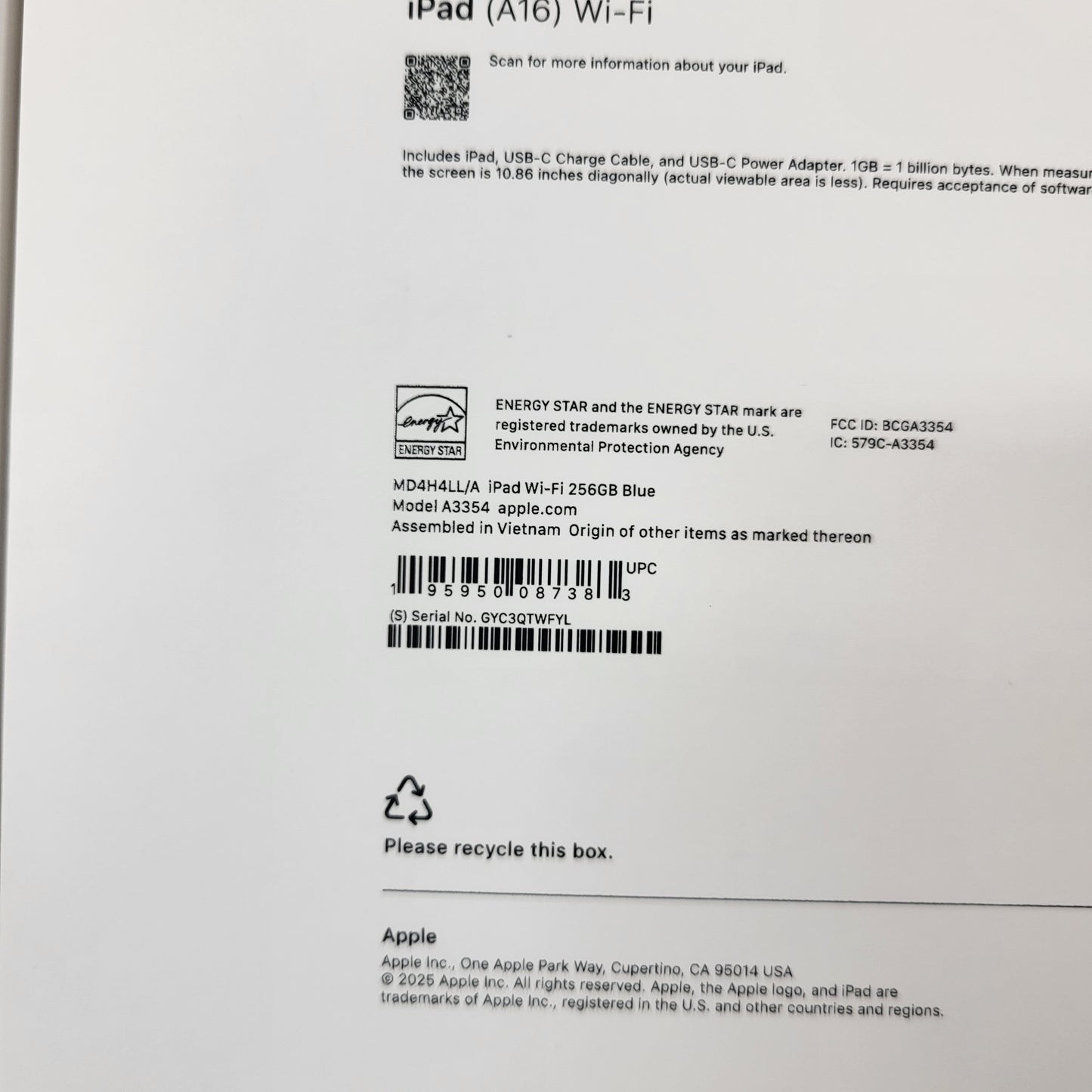 New WiFi Only Apple iPad 11" (A16) 256GB Blue MD4H4LL/A