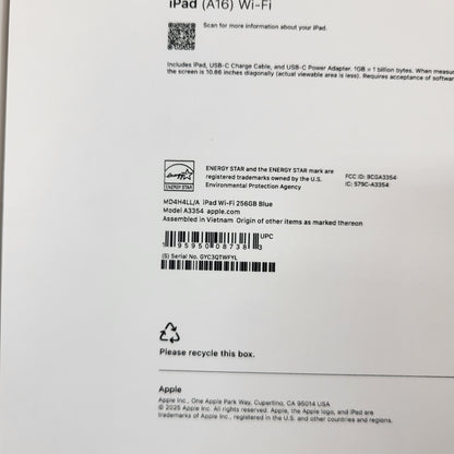 New WiFi Only Apple iPad 11" (A16) 256GB Blue MD4H4LL/A