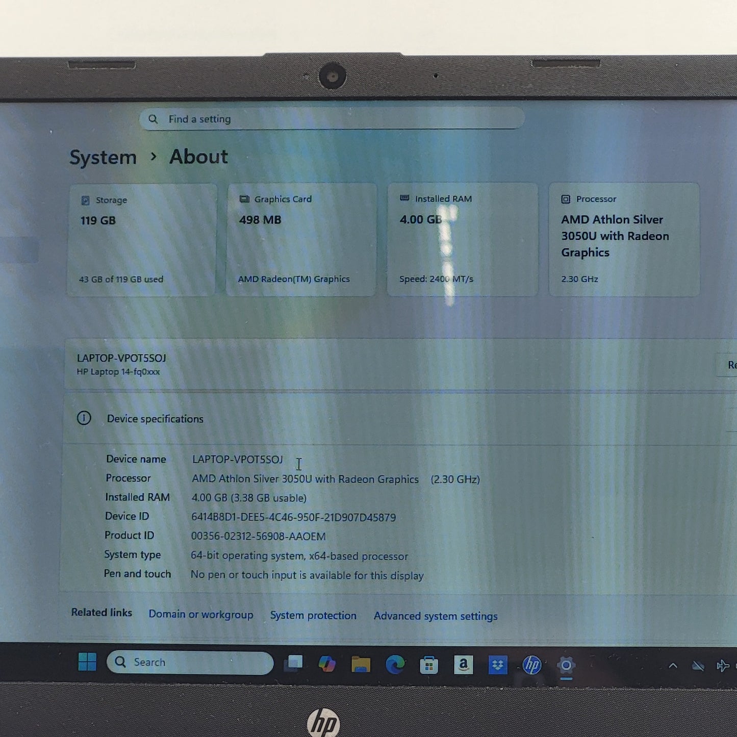 HP Blacktop 14-FQ0XXX 14" AMD 3050U 2.3GHz 4GB RAM 128GB SSD