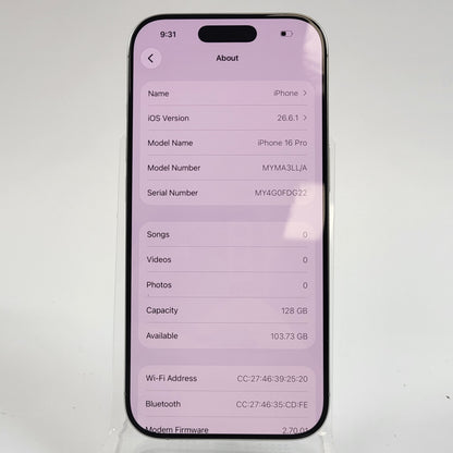 Unlocked Apple iPhone 16 Pro 128GB 26.6.1 White Titanium MYMA3LL/A