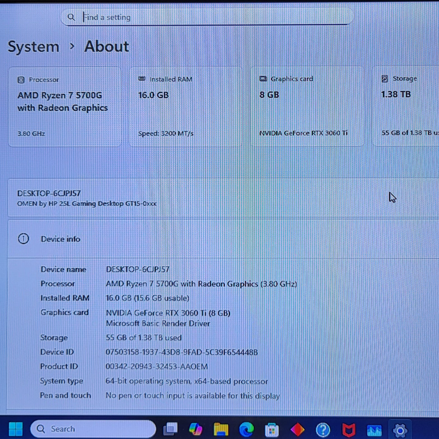 HP Omen 25L Ryzen 7 5700G 3.80GHz 16GB RAM 512GB SSD 1TB HDD GeForce RTX 3060 Ti