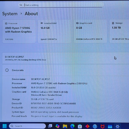 HP Omen 25L Ryzen 7 5700G 3.80GHz 16GB RAM 512GB SSD 1TB HDD GeForce RTX 3060 Ti