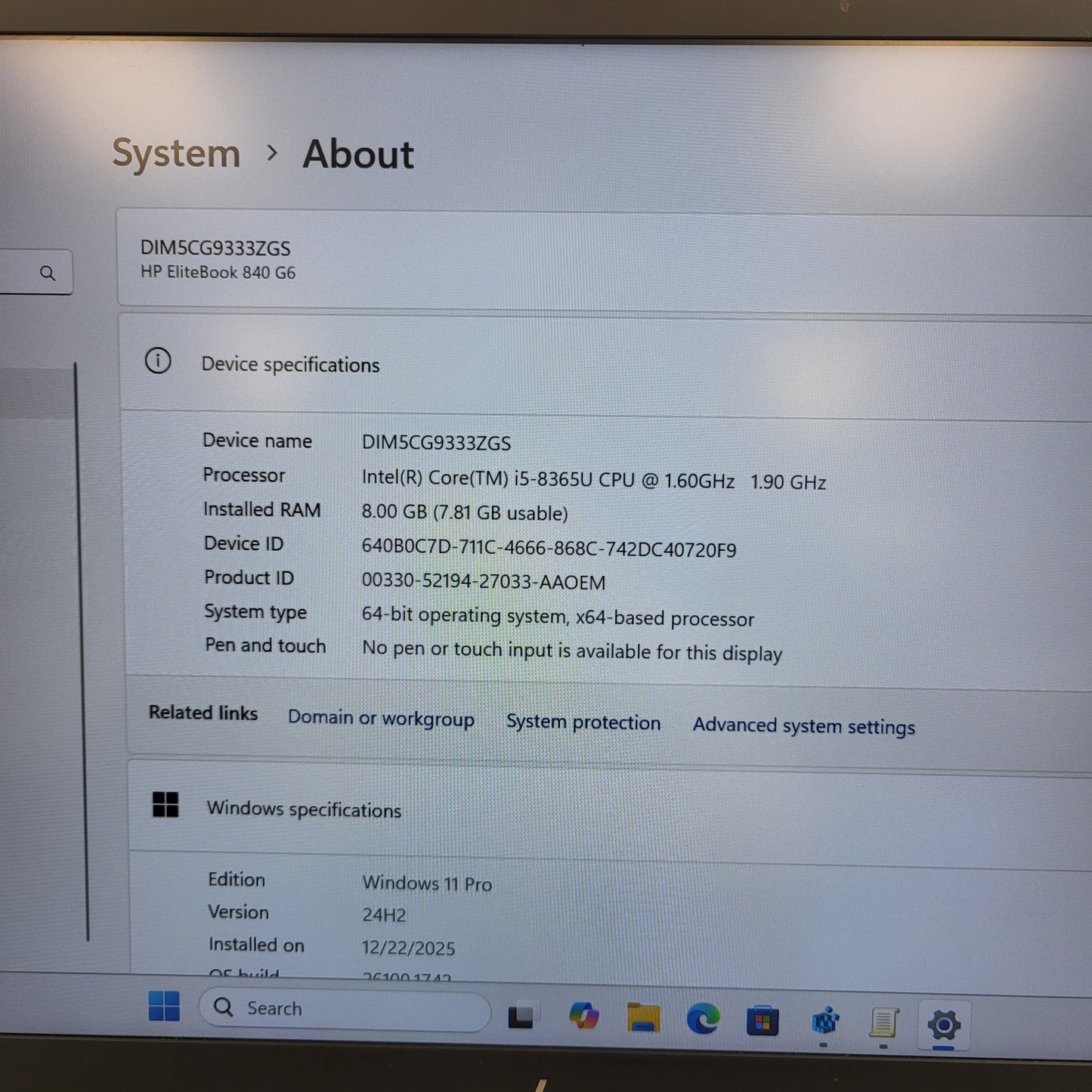 HP EliteBook 840 G6 14" i5-8365U 1.6GHz 8GB RAM 128GB SSD READ