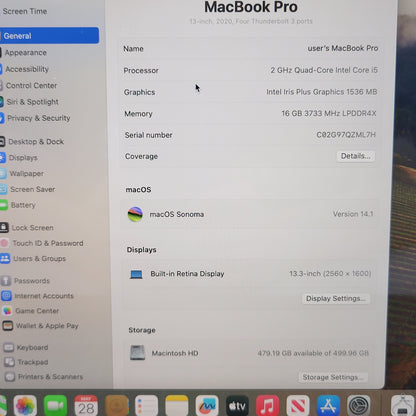 2020 Apple MacBook Pro 13.3" i5 2.0GHz 16GB RAM 512GB SSD Space Gray A2251