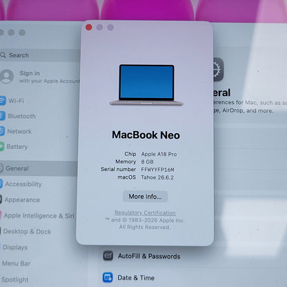 2026 Apple MacBook Neo 13" A18 Pro 5C GPU 8GB RAM 256GB SSD