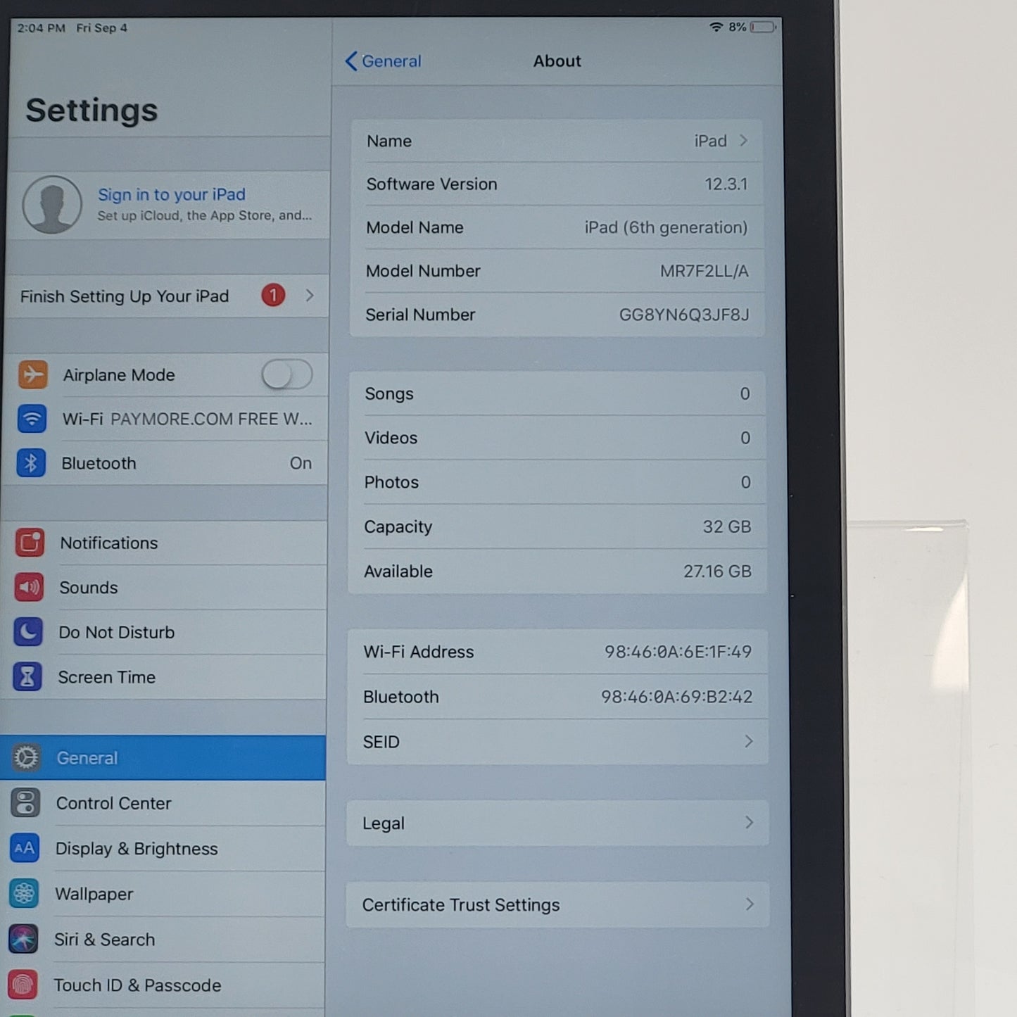 WiFi Only Apple iPad 6th Gen 32GB 12.3.1 Space Gray MR7F2LL/A