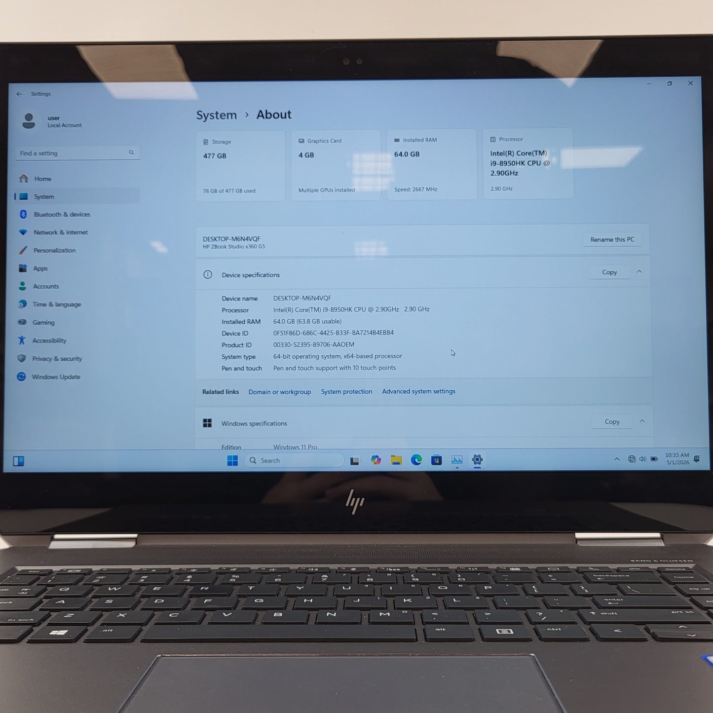 HP Zbook x360 6FP02UT 15.6" i9-8950HK 2.9GHz 64GB RAM 512GB Quadro P1000