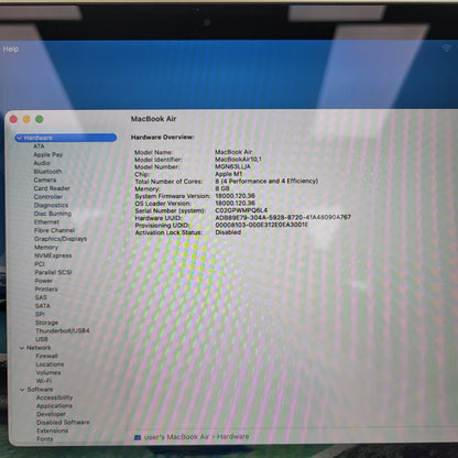 2020 Apple MacBook Air 13.3" M1 7C GPU 3.2GHz 8GB RAM 256GB SSD A2337 READ