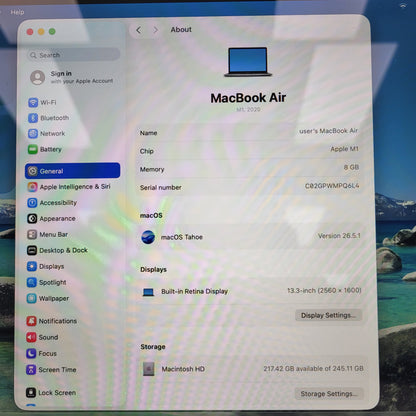 2020 Apple MacBook Air 13.3" M1 7C GPU 3.2GHz 8GB RAM 256GB SSD A2337 READ