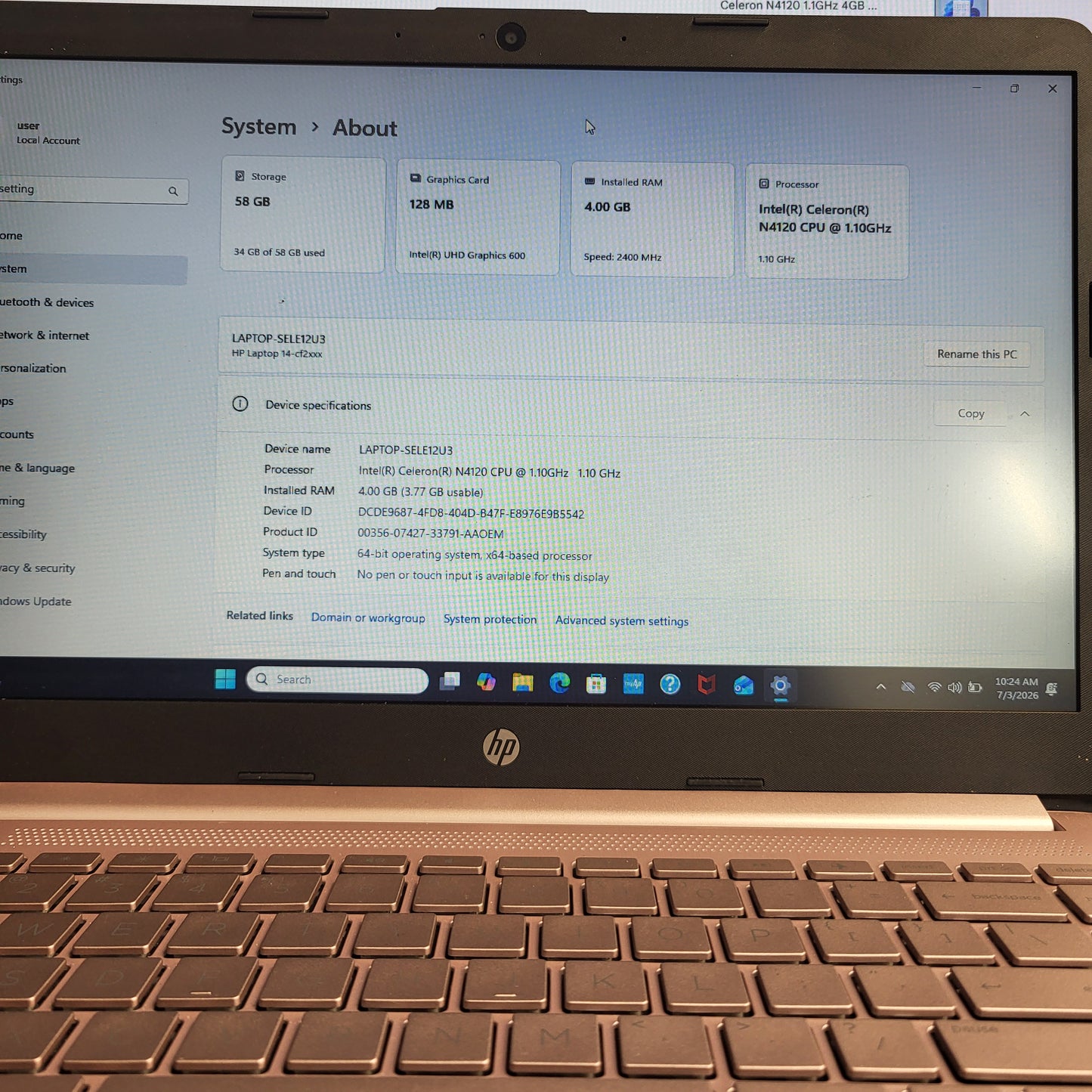 HP Laptop 14-cf2112wm 13.9" Celeron N4120 1.1GHz 4GB RAM 64GB SSD READ