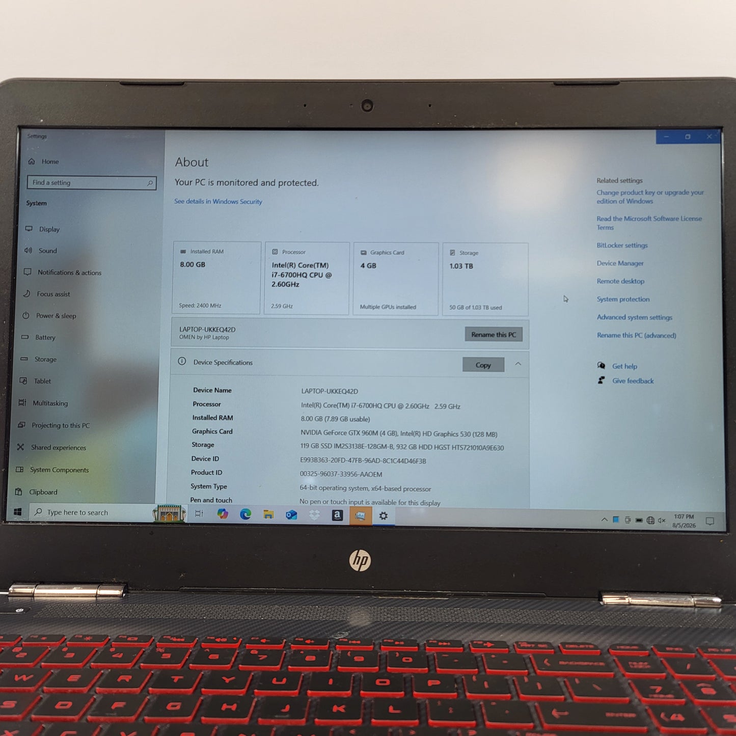 HP Laptop 15.3 I7-6700HQ 2.6GHz 8GB RAM 128GB SSD 1TB HDD GeForce GTX 960M