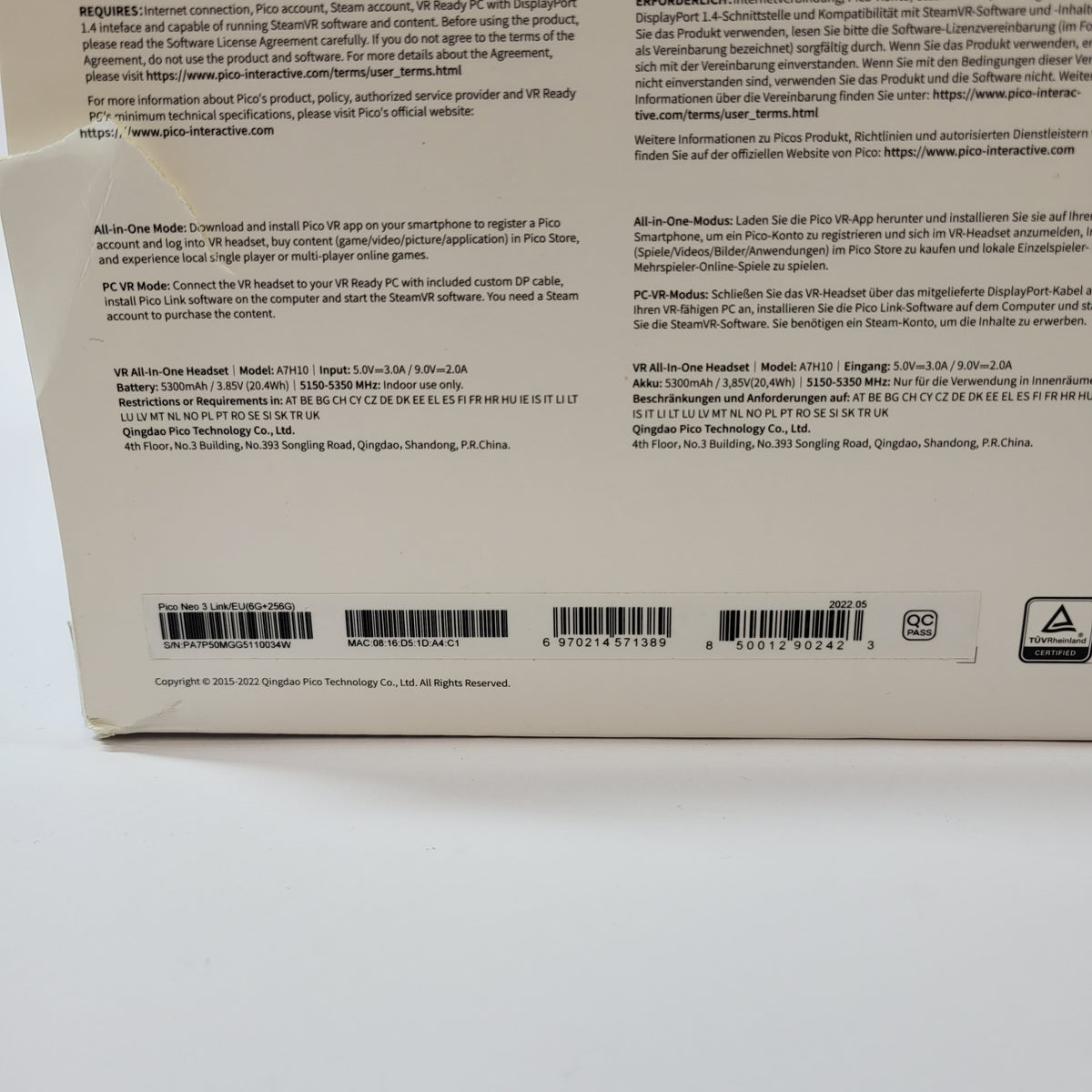 Pico Neo 3 Link 256GB Standalone All-in-One VR Headset A7H10 READ
