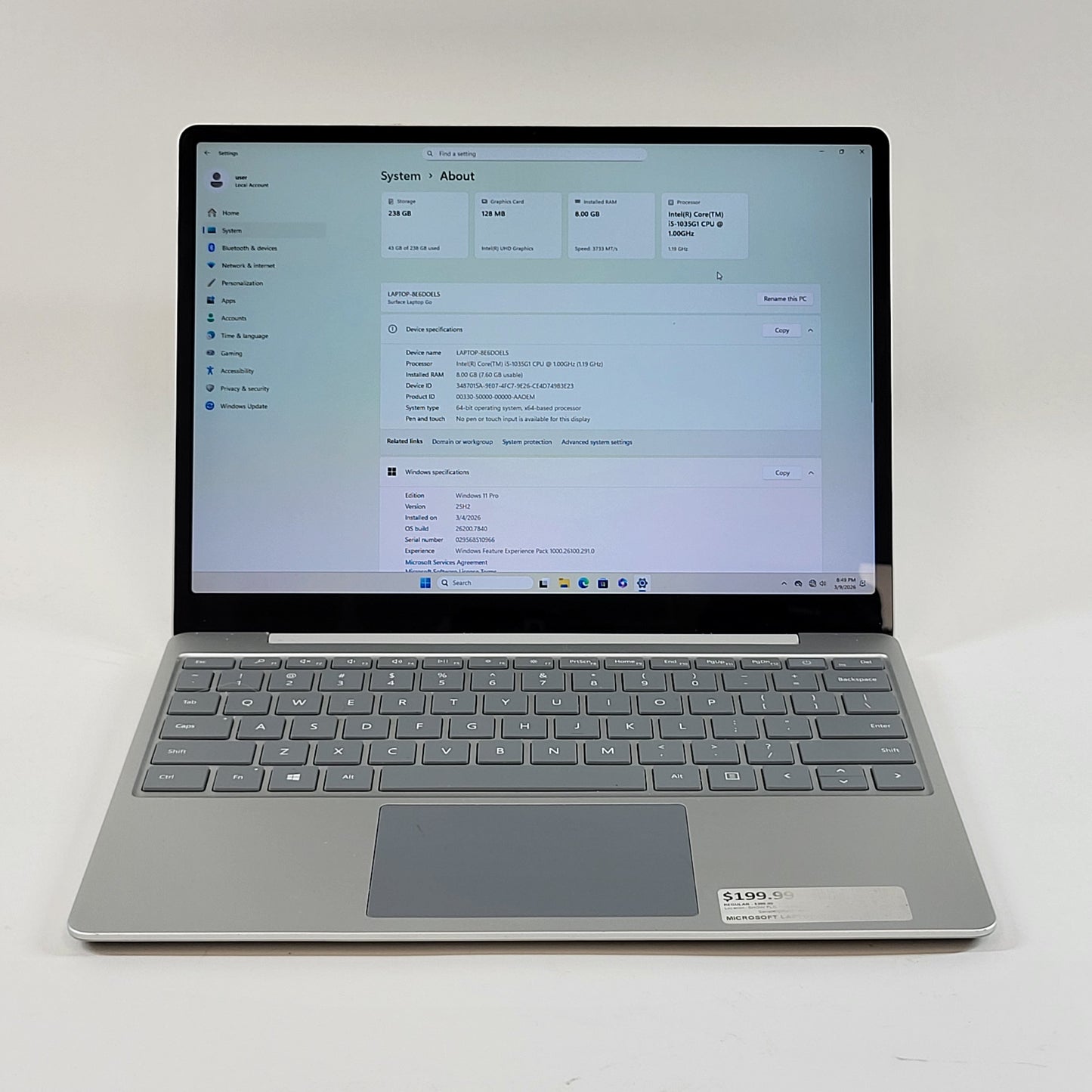 Microsoft Surface Laptop Go 2 1943 12.4" i5-1035G1 3.6GHz 8GB RAM 256GB SSD