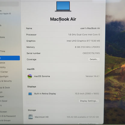 2019 Apple MacBook Air 13.3" i5 1.6GHz 8GB RAM 128GB SSD Space Gray A1932