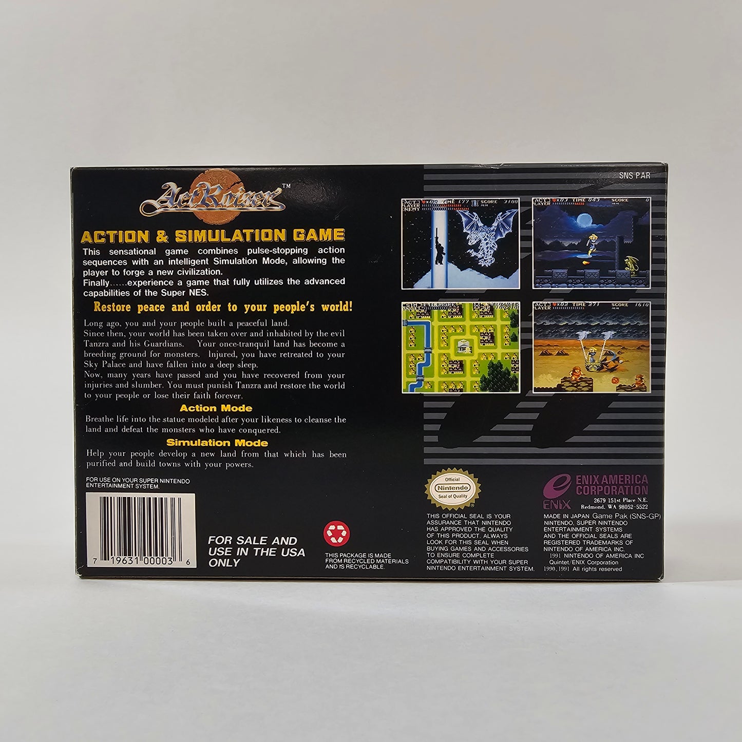 ActRaiser (Super Nintendo SNES, 1991) PSA 9.2 CIB Upside-Down Recycle Symbol, First Production