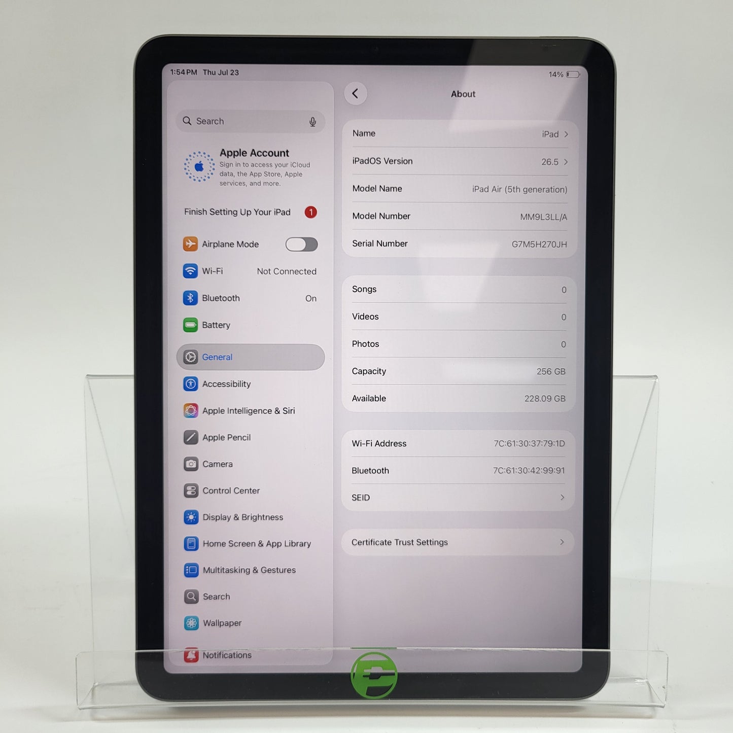 WiFi Only Apple iPad Air 5th Gen 256GB Space Gray MM9L3LL/A