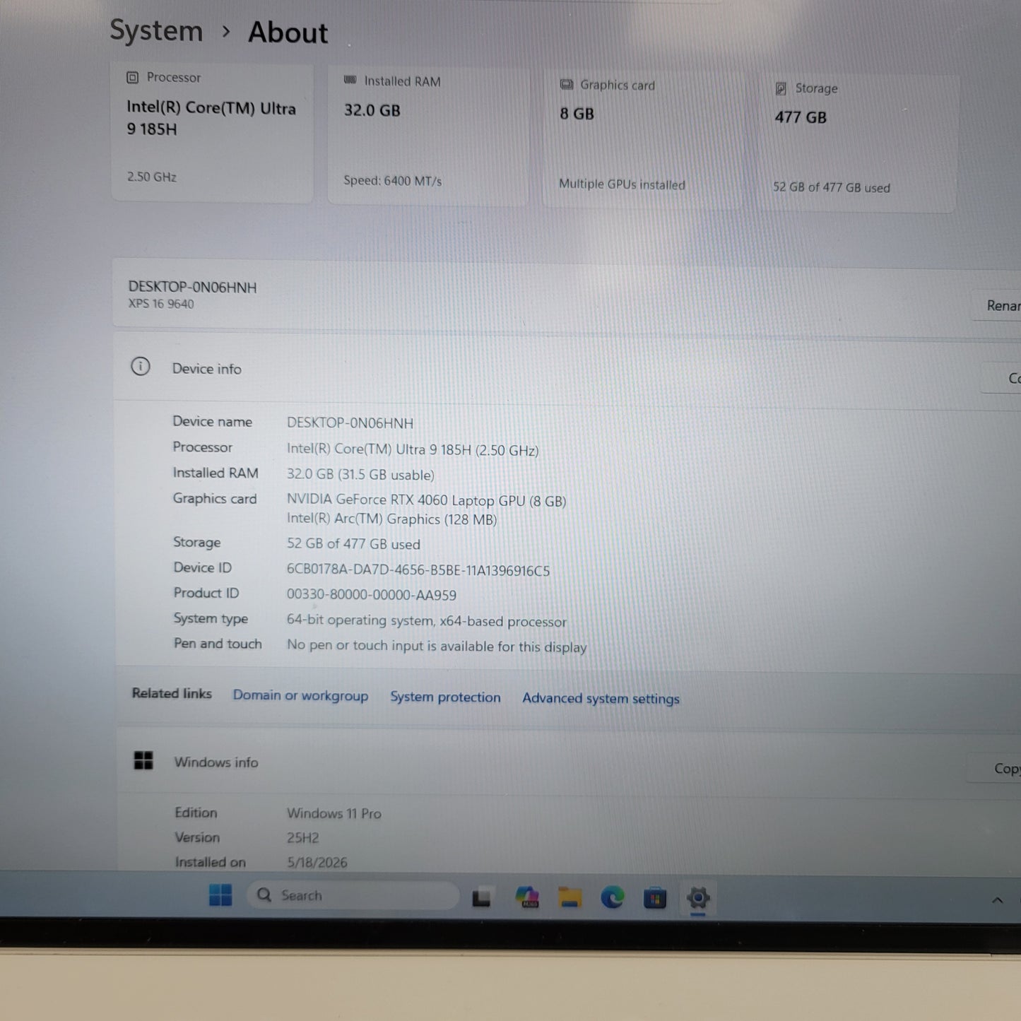 Dell XPS 9640 16.3" Core Ultra 9 185H 2.5GHz 32GB RAM 512GB SSD GeForce RTX 4060